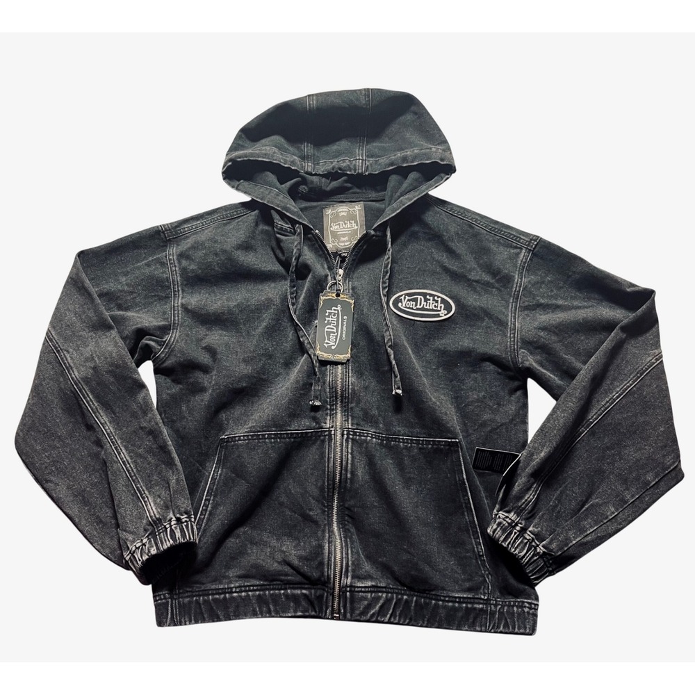 Von Dutch Denim Zip Up Hoodie Mens M Black NWT Acid Wash Y2K Logo Patch Graphic